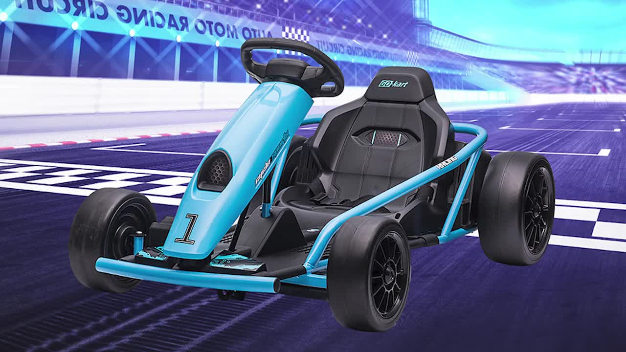 HOMCOM Go Kart Elettrico per Bambini 8-12 Anni, 24V 6-13km/h Drift Go Kart a Pedali per Bambini con Accensione Lenta, Clacson, Musica e Cintura di Sicurezza, Blu e Nero