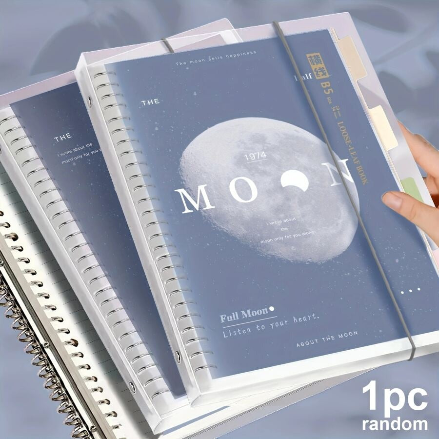 Notebook a fogli mobili con spirale trasparente, dimensioni A5/B5, 108 pagine, decorato con luna e pianeti, taccuino per appunti e diario, forniture per la scuola