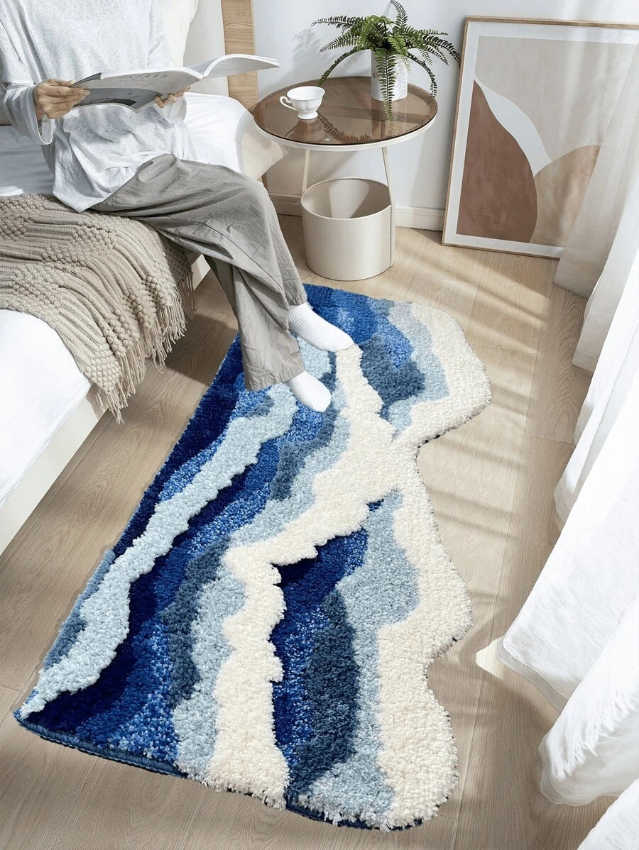 Tappeto da bagno asimmetrico 3D con motivi a onde e nuvole, tappeto da pavimento per soggiorno, tappeto da camera da letto per decorazione estetica per adolescenti, tappeto da area morbido, antiscivolo, moderno, in fibra super fine, spesso e soffice