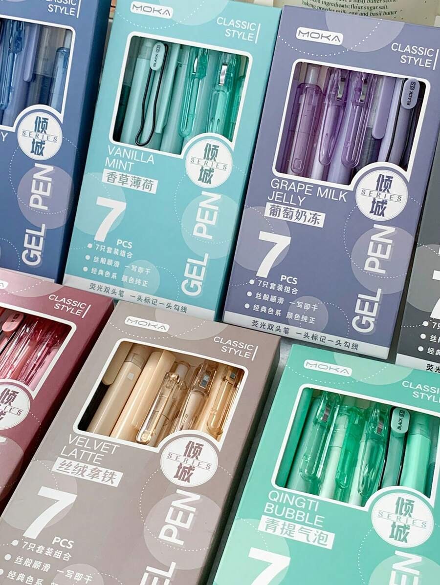 Set Di 7 Penne A Pulsante Con Alta Qualità Cromatica E Inchiostro A Rapida Essiccazione Per Esercizi Giapponesi In Una Scatola