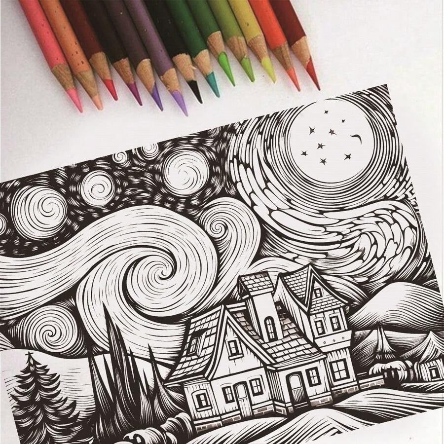Libro da colorare per adulti con 32 pagine, stile Van Gogh con motivi della notte stellata, materiali per l'arte per alleviare lo stress, rilassante, riflessivo e decompressivo - regalo natalizio ideale per uomini, donne e adolescenti