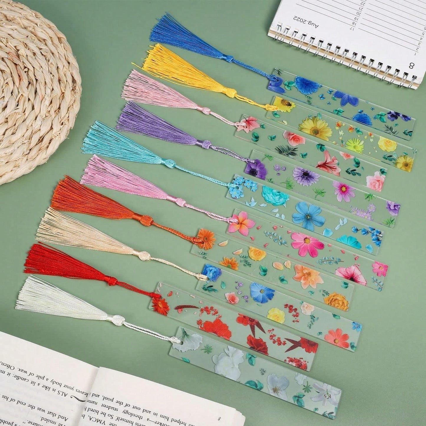 Pezzi Segnalibri in resina con fiori trasparenti, segnalibri floreali per donne, segnalibri carini con fiori e nappe, regali di Natale e riempitivi per calze per donne