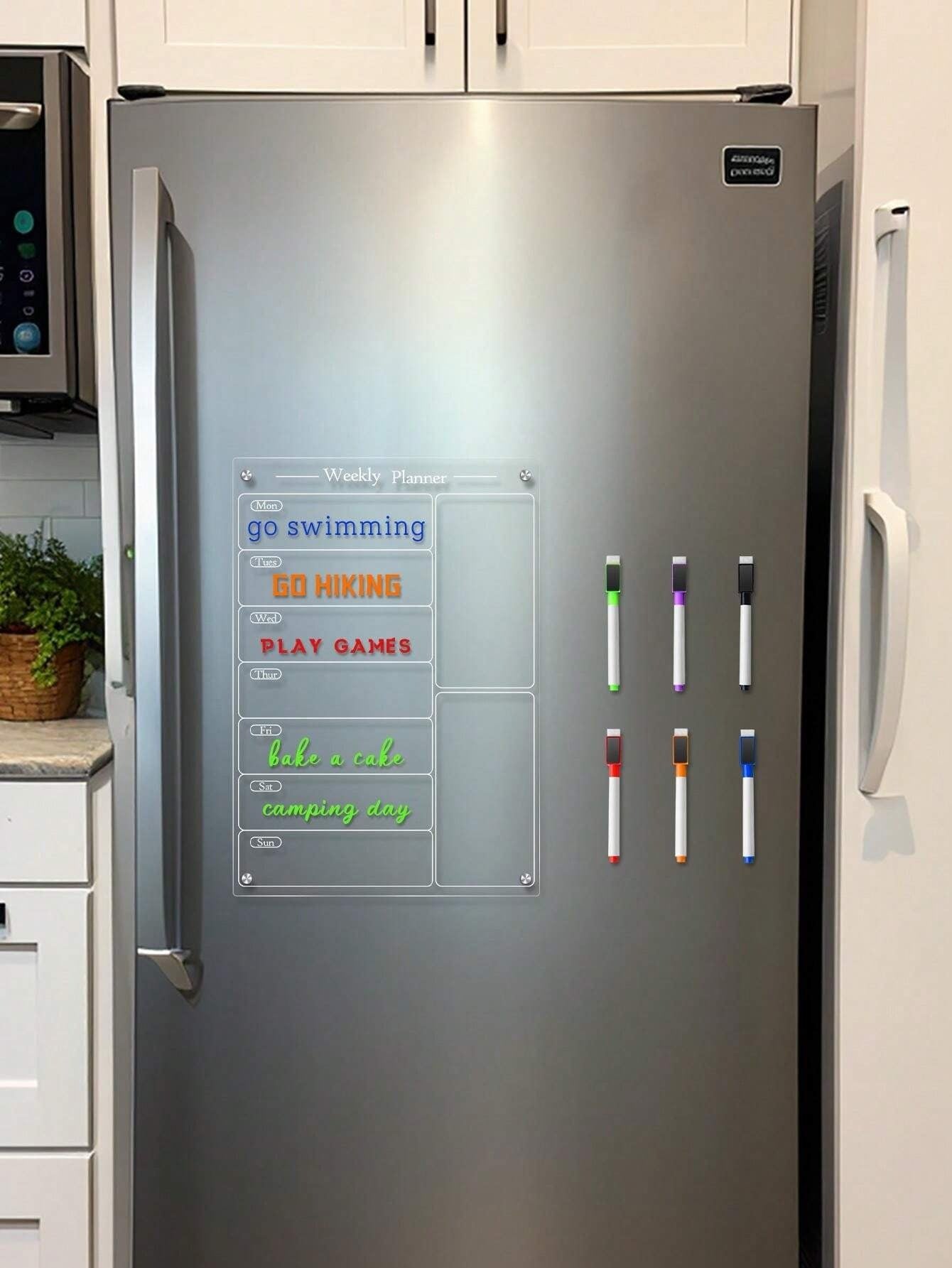 Set di lavagna magnetica cancellabile per frigo con planner, 6 pennarelli per lavagna, planner settimanale 3D in acrilico magnetico, adesivo per frigorifero