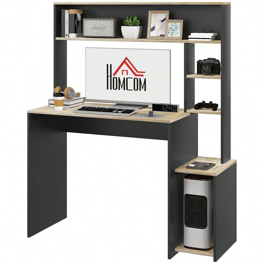 Scrivania per Ufficio e Studio con 3 Ripiani, Scrivania in Legno con Supporto per CPU, 114x45x138cm, Grigio e Legno Naturale