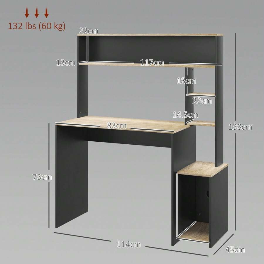 Scrivania per Ufficio e Studio con 3 Ripiani, Scrivania in Legno con Supporto per CPU, 114x45x138cm, Grigio e Legno Naturale