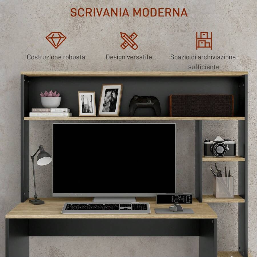 Scrivania per Ufficio e Studio con 3 Ripiani, Scrivania in Legno con Supporto per CPU, 114x45x138cm, Grigio e Legno Naturale