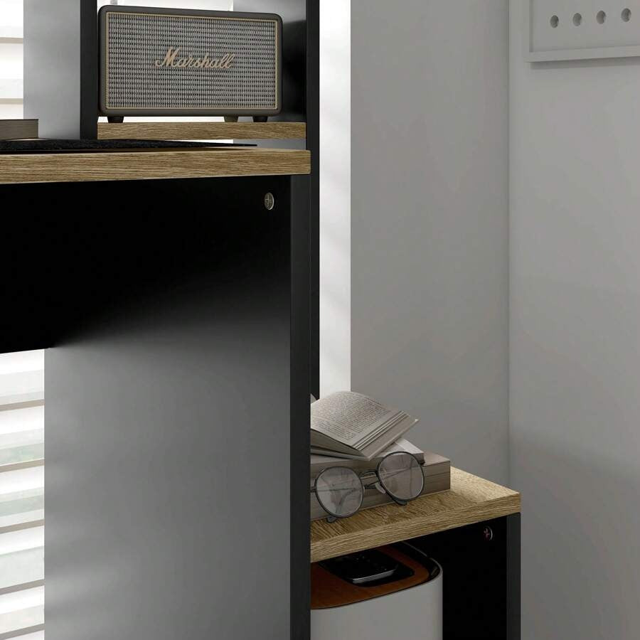 Scrivania per Ufficio e Studio con 3 Ripiani, Scrivania in Legno con Supporto per CPU, 114x45x138cm, Grigio e Legno Naturale