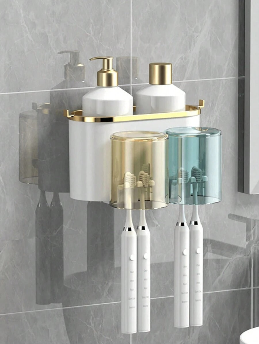 1 Set Porta Spazzolino da Dente da Parete, Con 4/3/2 Tazze Anti-Polvere e Distributore di Dentifricio, Organizer Multifunzionale da Bagno Con Distributore Automatico di Dentifricio e Tazze, Mensola da Bagno Senza Foratura, Set da Bagno di Lusso,