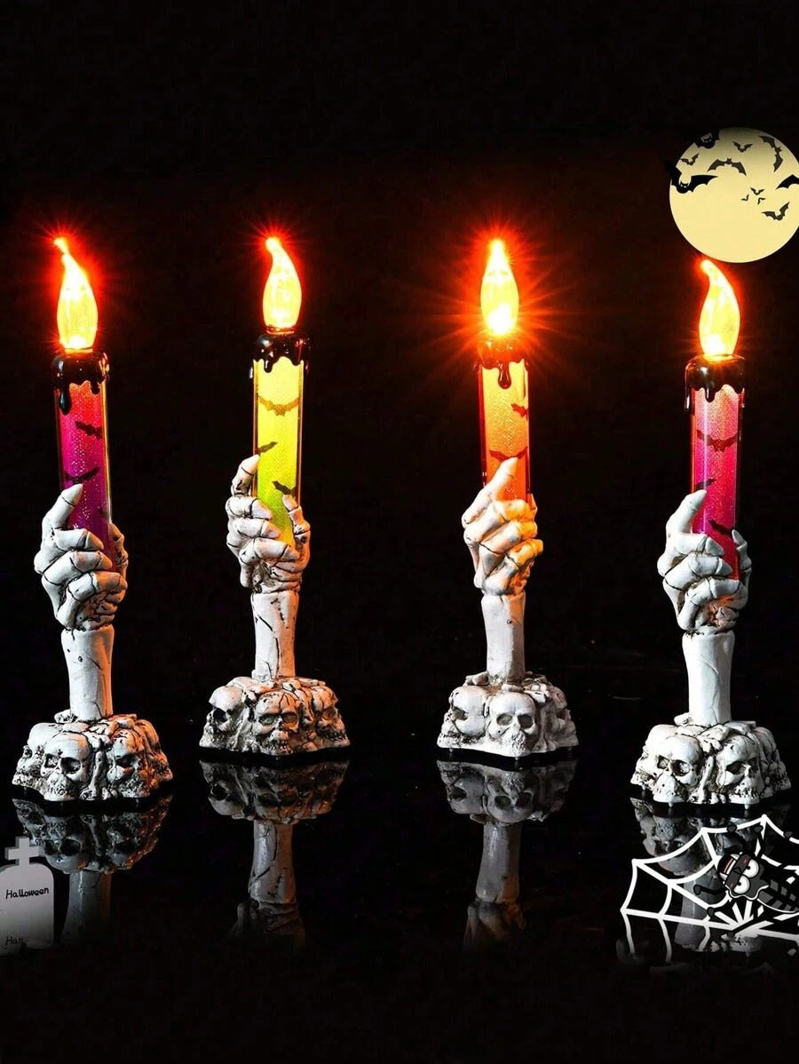 3 pezzi - Lapide con scheletro, mano di fantasma e candelabro a LED per Ognissanti - Luce di candela senza fiamma - Decorazione in PVC a tema horror per feste di Ognissanti