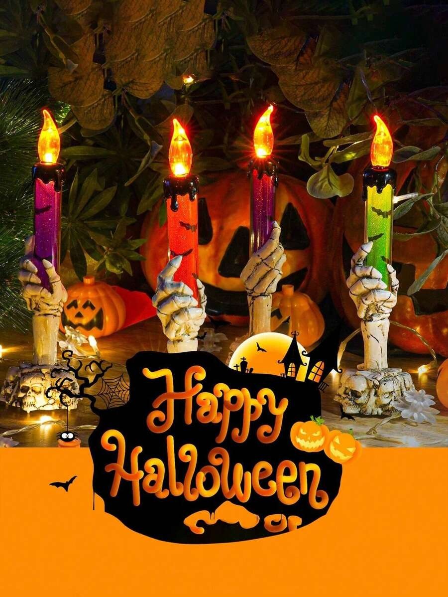 3 pezzi - Lapide con scheletro, mano di fantasma e candelabro a LED per Ognissanti - Luce di candela senza fiamma - Decorazione in PVC a tema horror per feste di Ognissanti