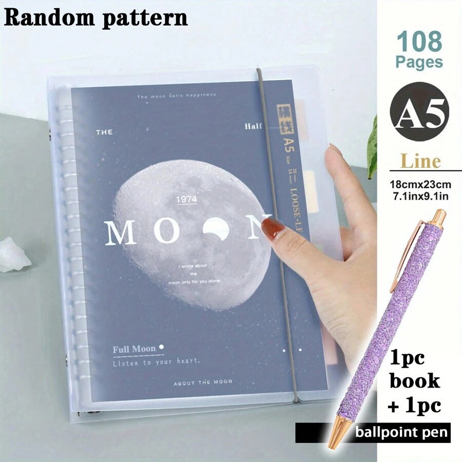 Notebook a fogli mobili con spirale trasparente, dimensioni A5/B5, 108 pagine, decorato con luna e pianeti, taccuino per appunti e diario, forniture per la scuola