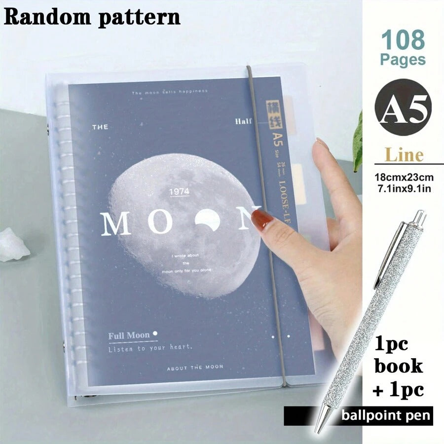 Notebook a fogli mobili con spirale trasparente, dimensioni A5/B5, 108 pagine, decorato con luna e pianeti, taccuino per appunti e diario, forniture per la scuola
