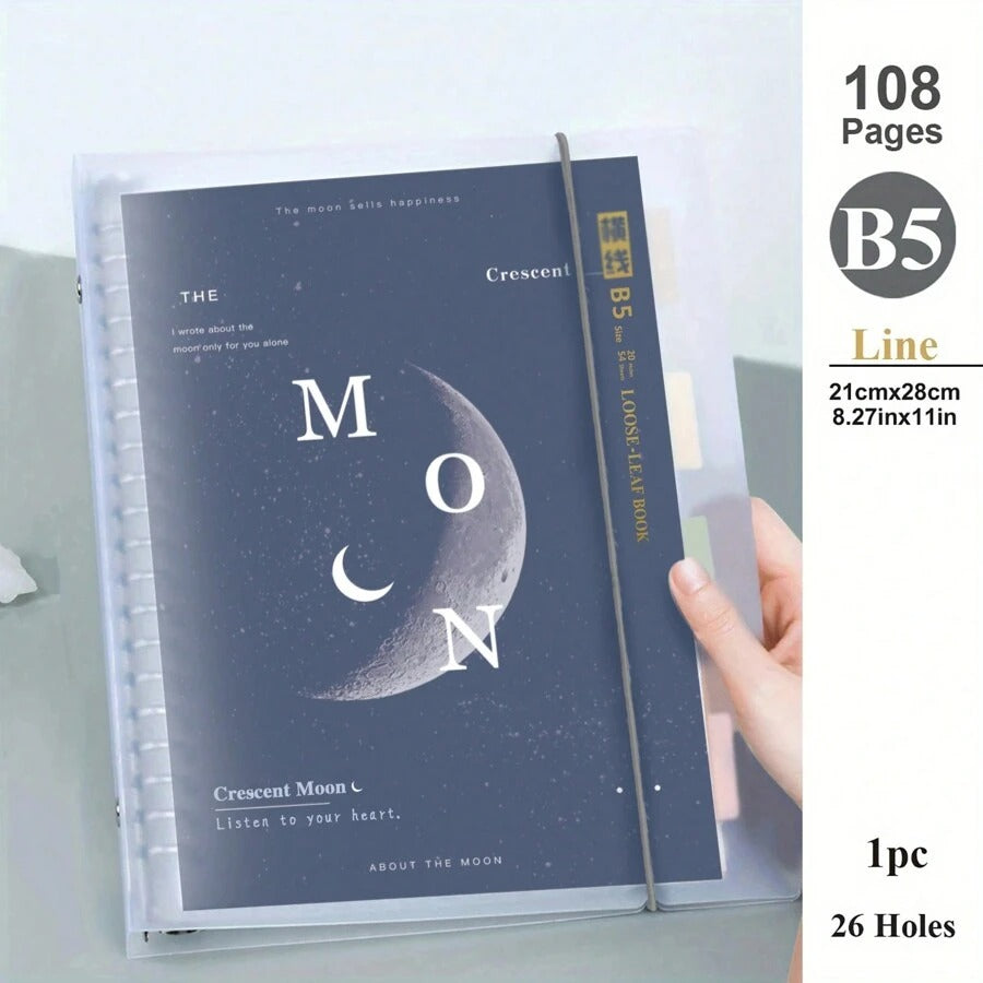 Notebook a fogli mobili con spirale trasparente, dimensioni A5/B5, 108 pagine, decorato con luna e pianeti, taccuino per appunti e diario, forniture per la scuola