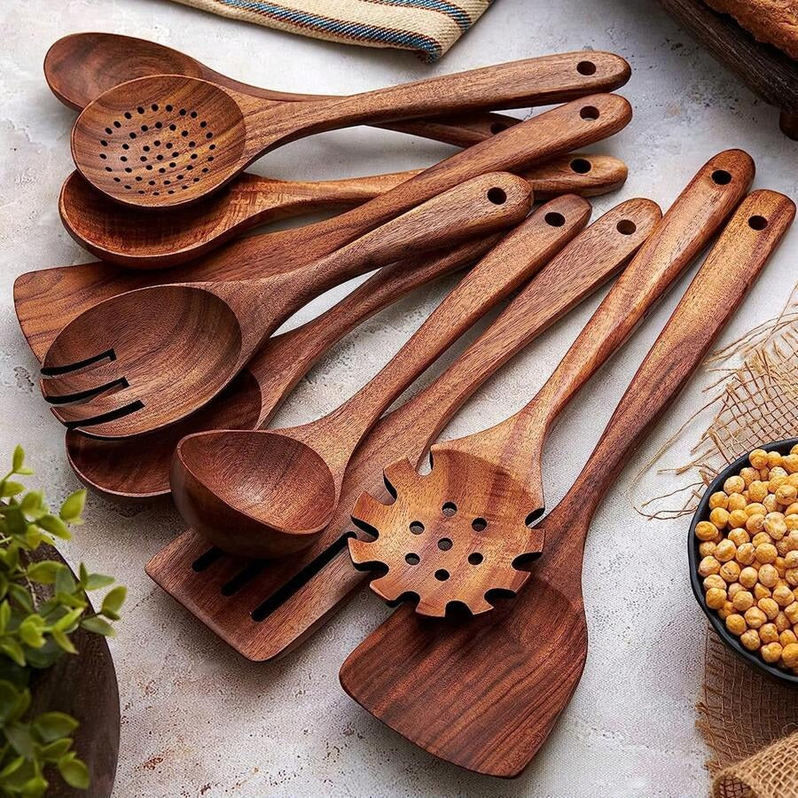 10 pezzi Cucchiai di legno, utensili da cucina in legno resistenti in una scatola, leggeri e resistenti al calore, forniture da cucina accessori da forno