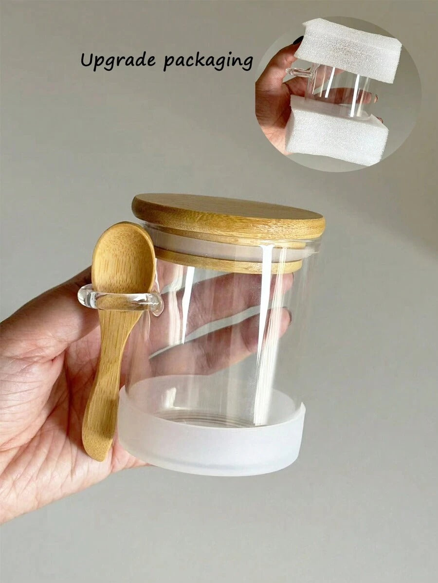 Barattoli in vetro ermetici rotondi, barattoli per condimenti con coperchi in bambù e cucchiaini, contenitori per alimenti per zucchero, caffè, noci, barattoli in vetro per la cucina per farina, biscotti, caramelle, tè matcha, noci e spezie