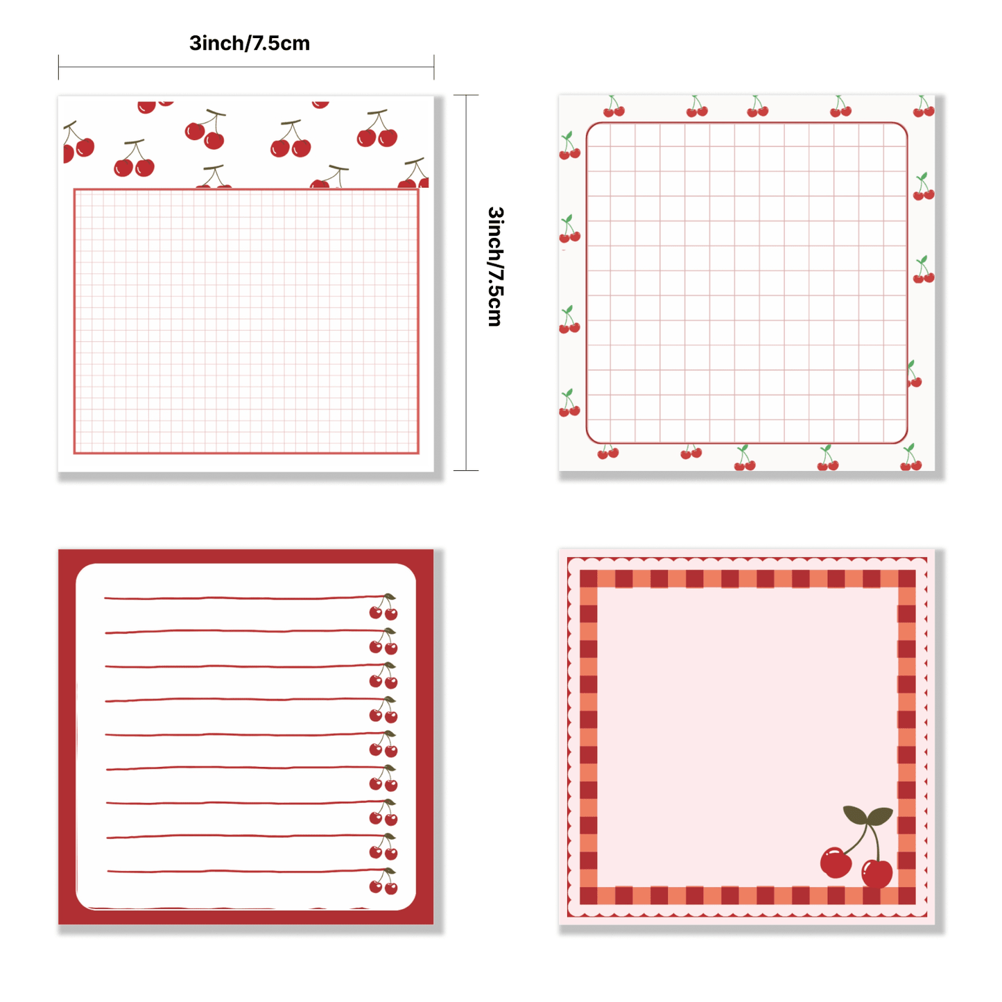 Adesivi con motivo a ciliegie da 3x3 pollici, 50 fogli ciascuno, blocks notes adesivi a forma di ciliegie, per scuola, ufficio, casa, forniture, regalo per studenti e insegnanti