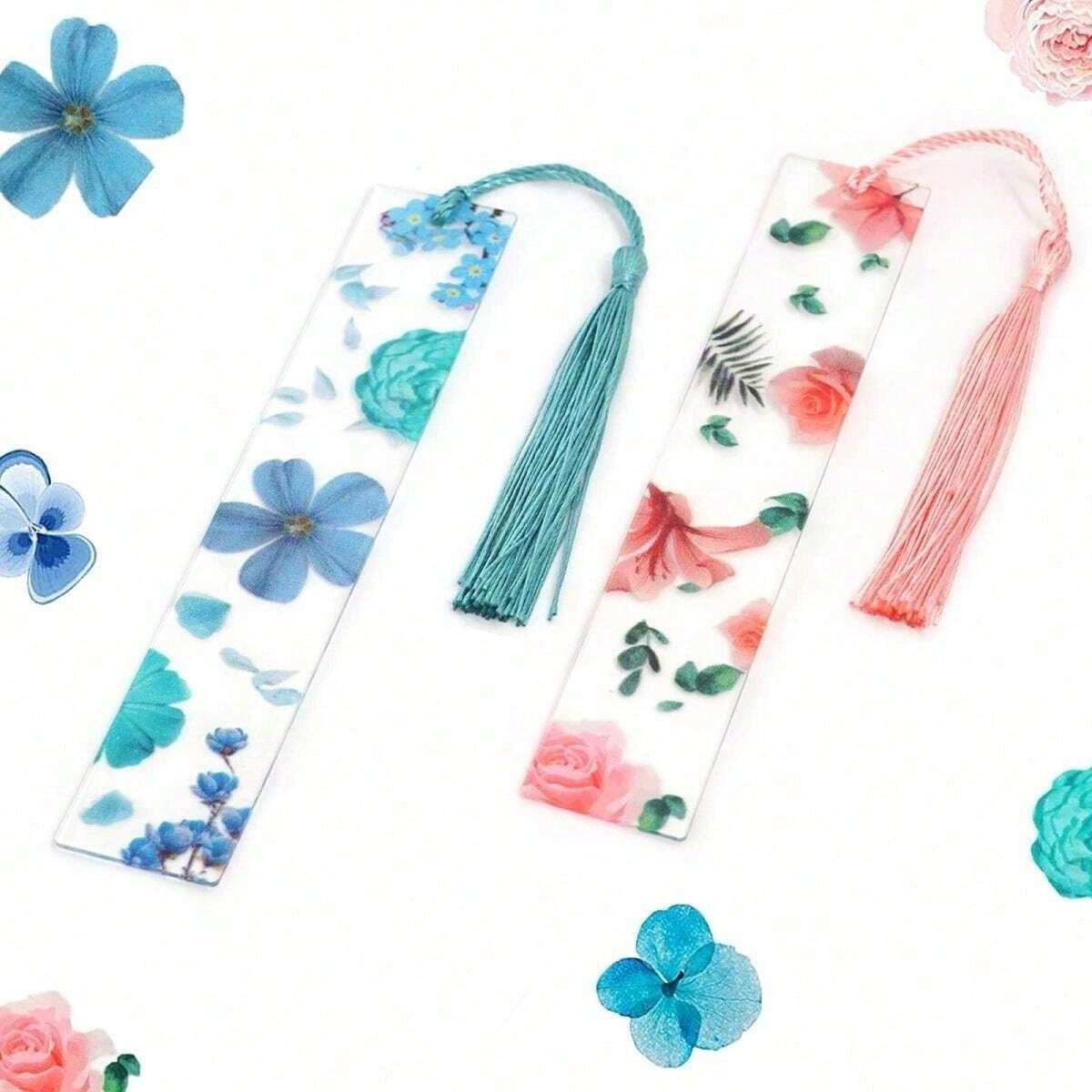 Pezzi Segnalibri in resina con fiori trasparenti, segnalibri floreali per donne, segnalibri carini con fiori e nappe, regali di Natale e riempitivi per calze per donne