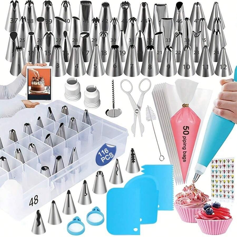 Set da 116 pezzi per decorare torte, include 55 bocchette per sac à poche, 50 sac à poche, 3 spatole per glassa, con scatola di contenimento. Adatto per decorare in modo creativo torte, biscotti.