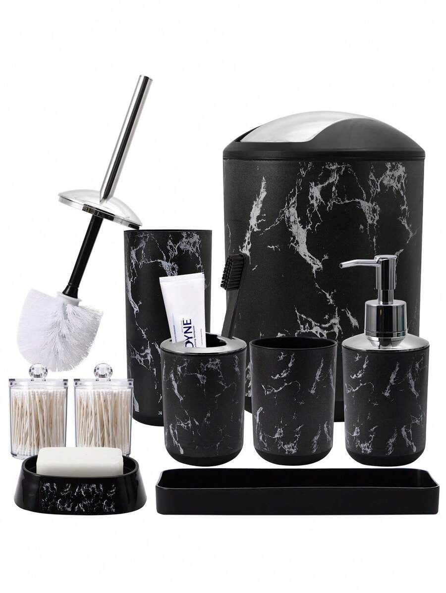 5 pezzi/9 pezzi Set di accessori per il bagno con motivo marmorizzato, inclusi portaspazzolino, dispenser di sapone, portasapone, bicchiere, bottiglie ricaricabili