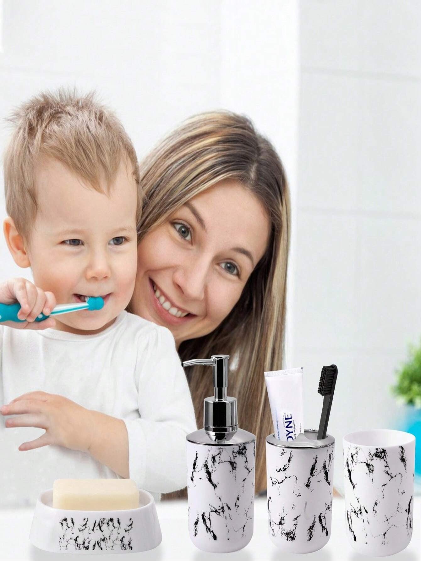5 pezzi/9 pezzi Set di accessori per il bagno con motivo marmorizzato, inclusi portaspazzolino, dispenser di sapone, portasapone, bicchiere, bottiglie ricaricabili
