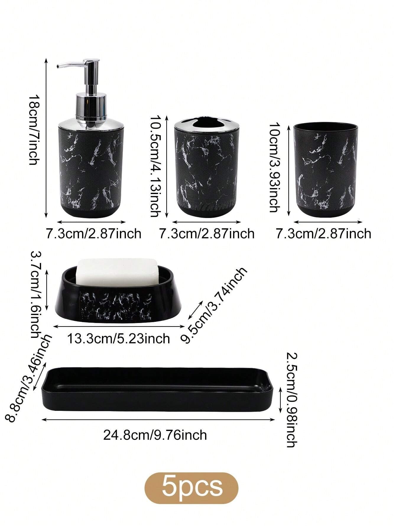 5 pezzi/9 pezzi Set di accessori per il bagno con motivo marmorizzato, inclusi portaspazzolino, dispenser di sapone, portasapone, bicchiere, bottiglie ricaricabili