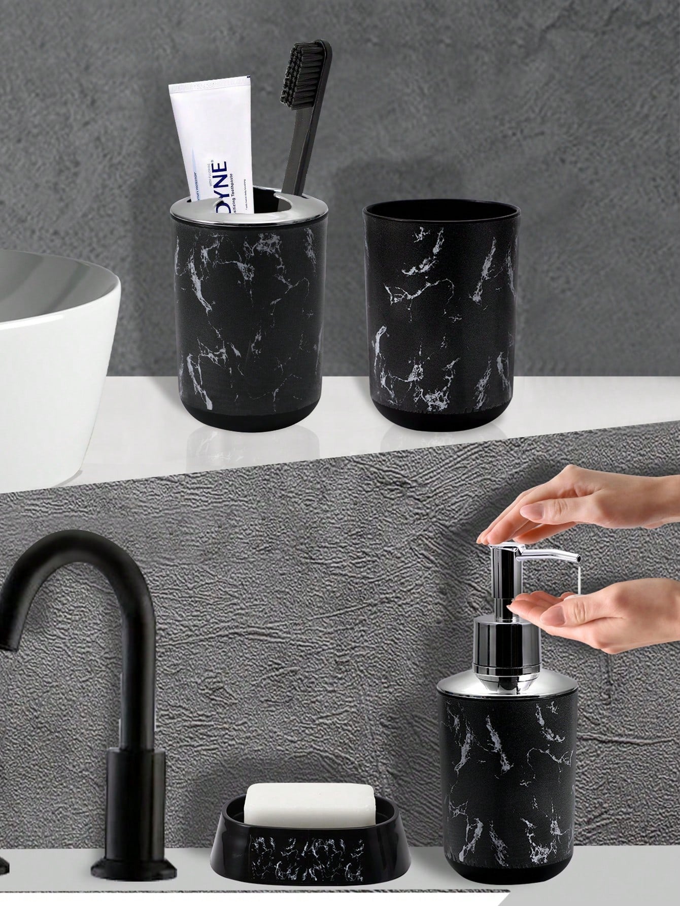 5 pezzi/9 pezzi Set di accessori per il bagno con motivo marmorizzato, inclusi portaspazzolino, dispenser di sapone, portasapone, bicchiere, bottiglie ricaricabili