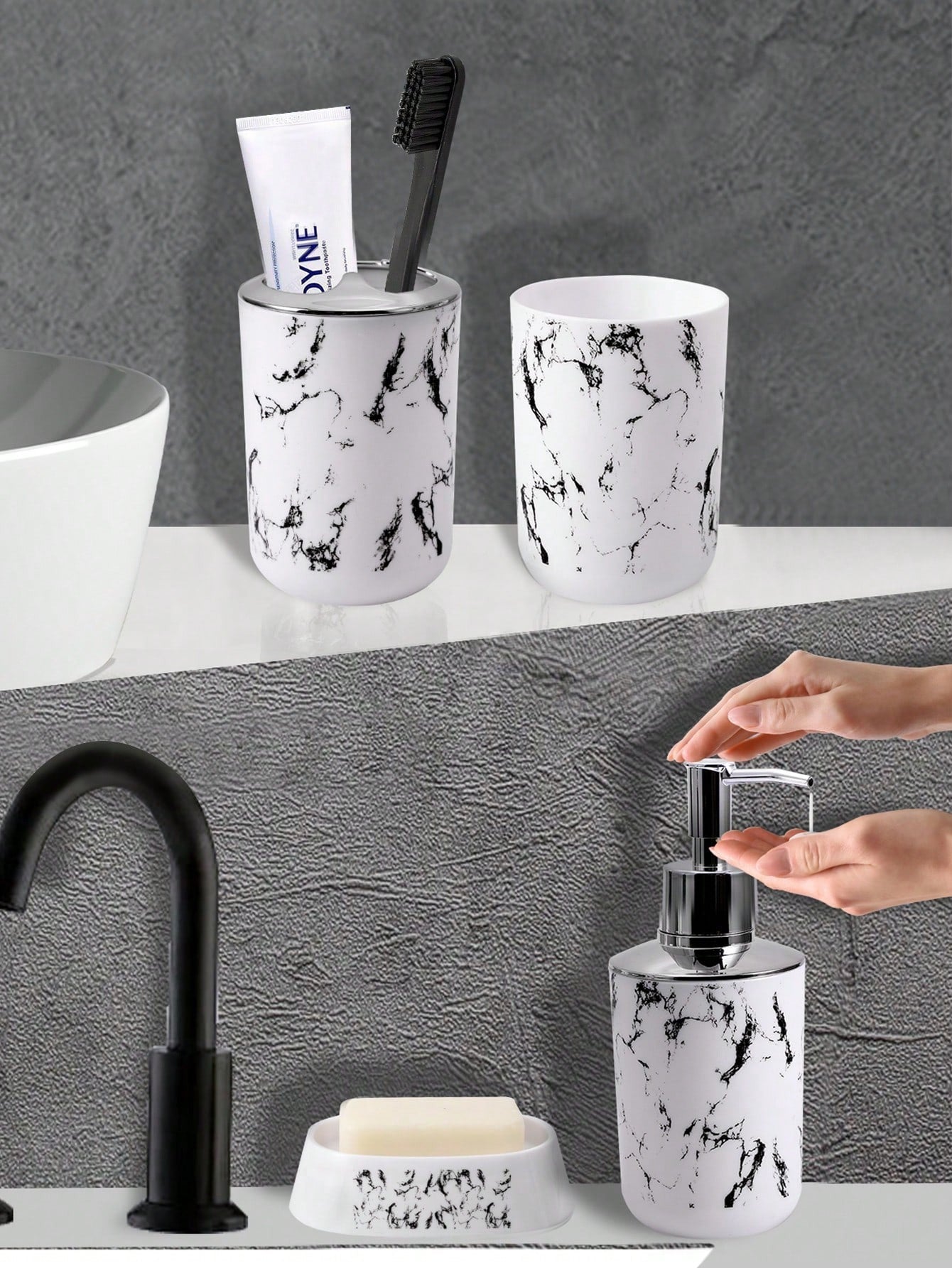 5 pezzi/9 pezzi Set di accessori per il bagno con motivo marmorizzato, inclusi portaspazzolino, dispenser di sapone, portasapone, bicchiere, bottiglie ricaricabili
