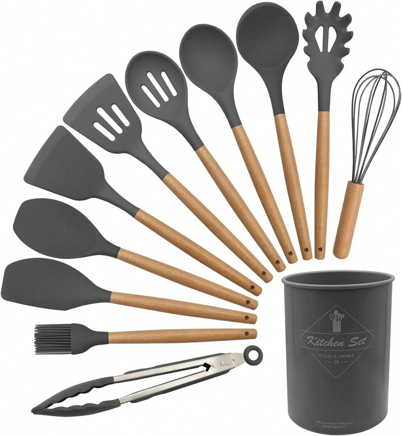 12 pezzi Set di utensili da cucina in silicone, set di utensili da cucina antiaderenti con supporto in legno, lavabili in lavastoviglie, resistenti al calore fino a 230°C