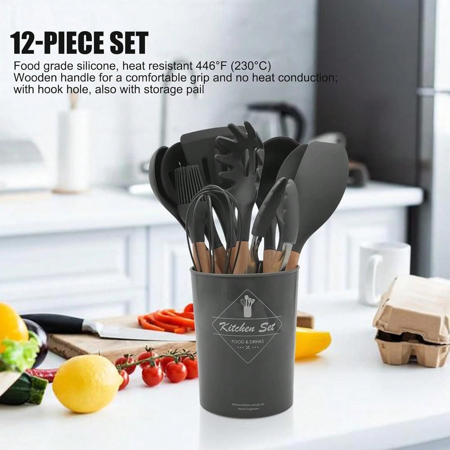 12 pezzi Set di utensili da cucina in silicone, set di utensili da cucina antiaderenti con supporto in legno, lavabili in lavastoviglie, resistenti al calore fino a 230°C, set di spatole, pinze, cucchiai, accessori da cucina
