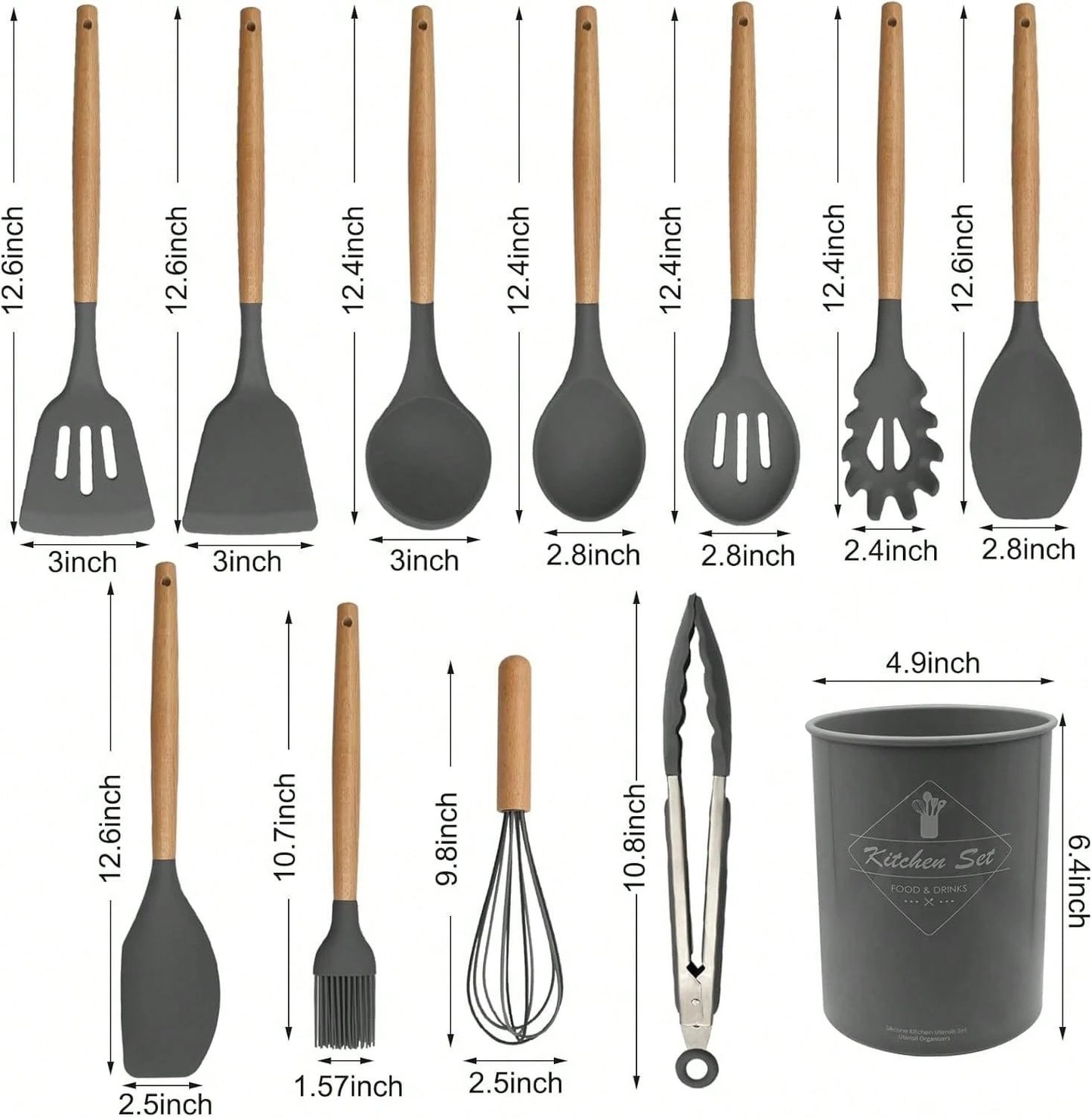 12 pezzi Set di utensili da cucina in silicone, set di utensili da cucina antiaderenti con supporto in legno, lavabili in lavastoviglie, resistenti al calore fino a 230°C