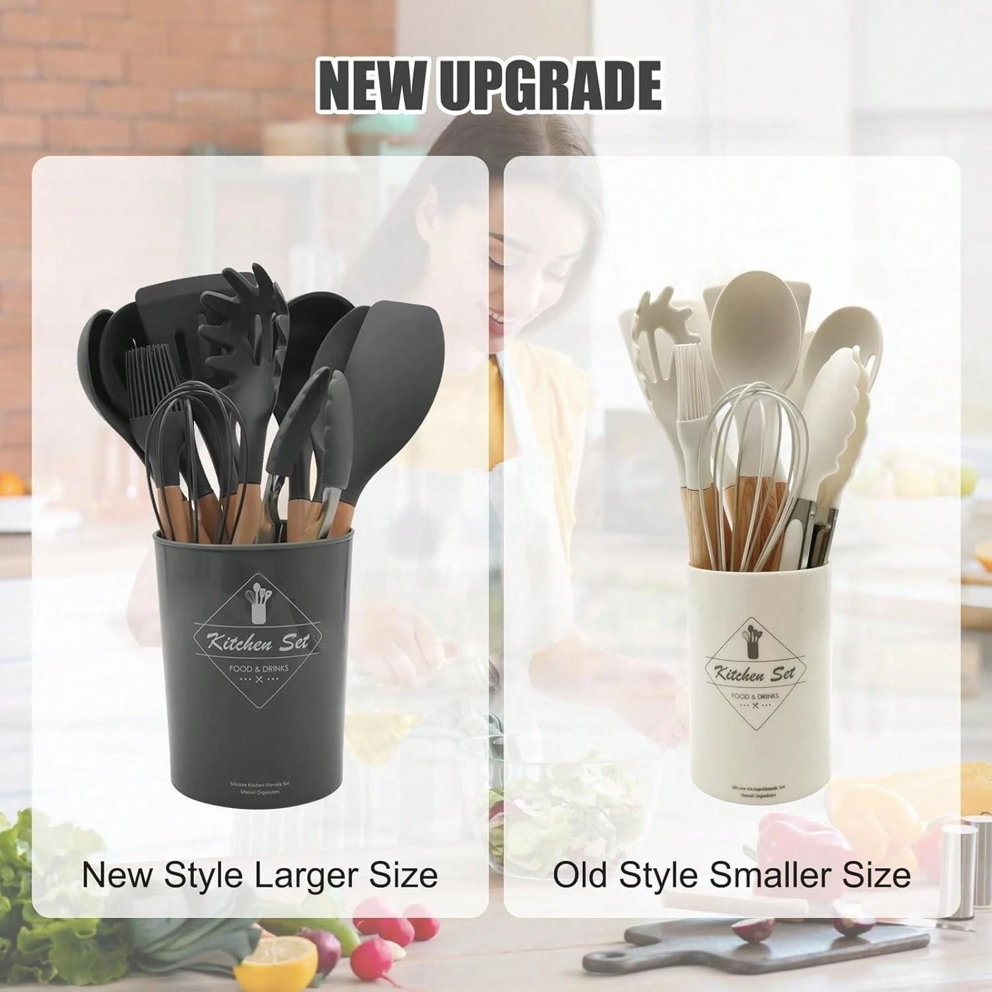 12 pezzi Set di utensili da cucina in silicone, set di utensili da cucina antiaderenti con supporto in legno, lavabili in lavastoviglie, resistenti al calore fino a 230°C