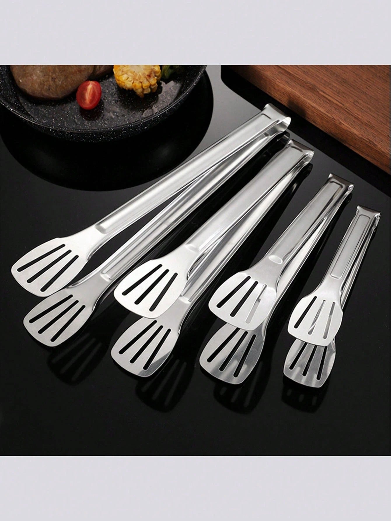 Pinze per alimenti in acciaio inossidabile da 7 pollici/9 pollici/12 pollici/14 pollici a 3 punte, rinforzate e resistenti al calore, per cucinare in casa, BBQ, bistecca, self-service, pinze per pane