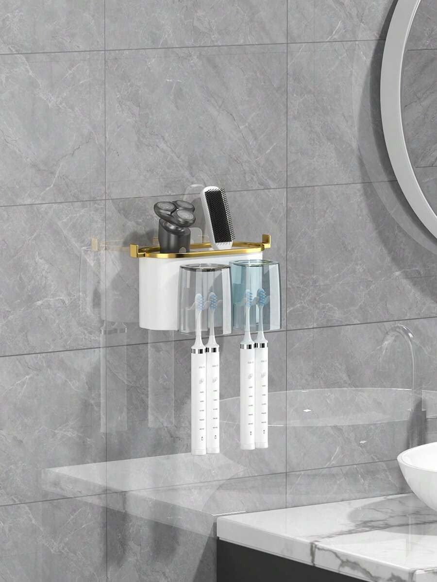 1 Set Porta Spazzolino da Dente da Parete, Con 4/3/2 Tazze Anti-Polvere e Distributore di Dentifricio, Organizer Multifunzionale da Bagno Con Distributore Automatico di Dentifricio e Tazze, Mensola da Bagno Senza Foratura, Set da Bagno di Lusso,
