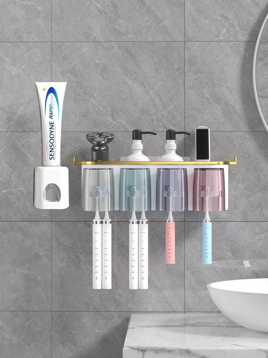 1 Set Porta Spazzolino da Dente da Parete, Con 4/3/2 Tazze Anti-Polvere e Distributore di Dentifricio, Organizer Multifunzionale da Bagno Con Distributore Automatico di Dentifricio e Tazze, Mensola da Bagno Senza Foratura, Set da Bagno di Lusso,