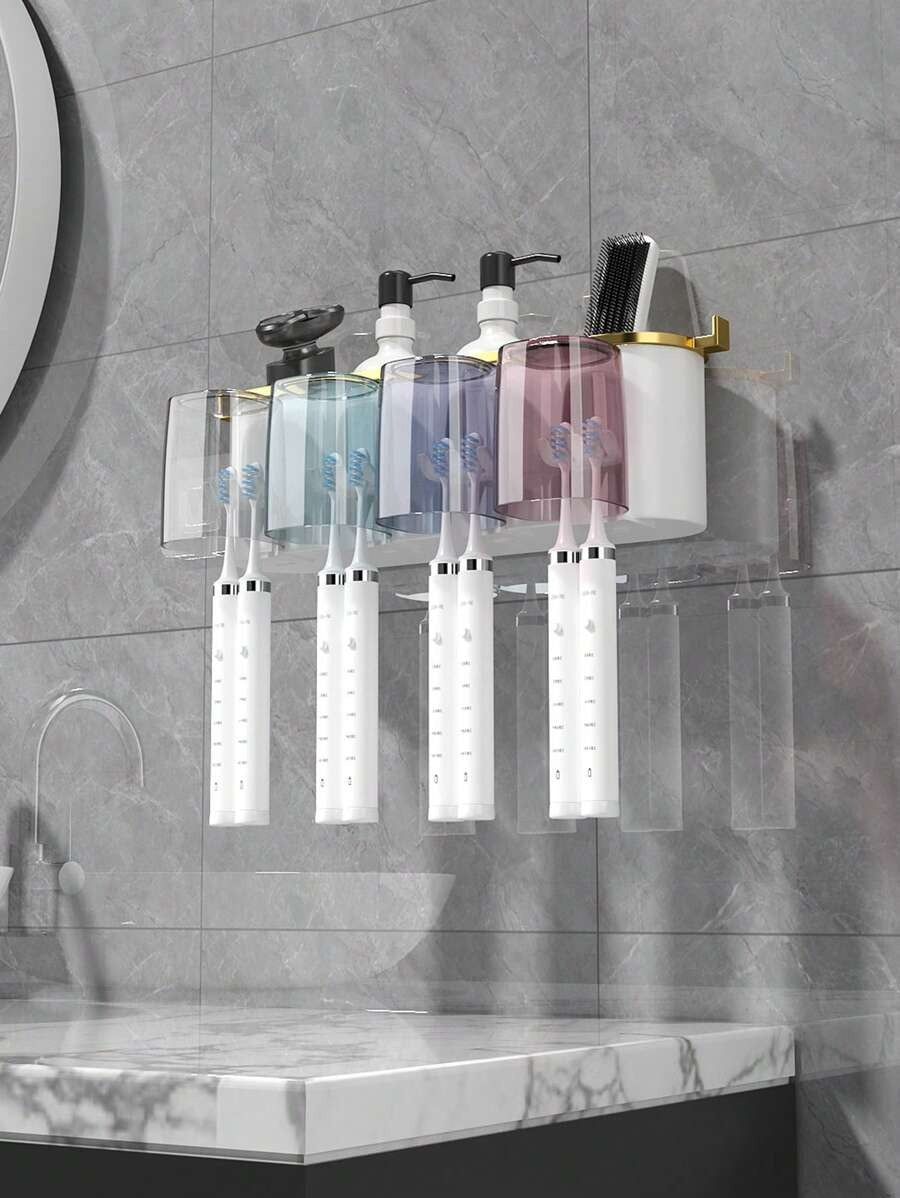 1 Set Porta Spazzolino da Dente da Parete, Con 4/3/2 Tazze Anti-Polvere e Distributore di Dentifricio, Organizer Multifunzionale da Bagno Con Distributore Automatico di Dentifricio e Tazze, Mensola da Bagno Senza Foratura, Set da Bagno di Lusso,