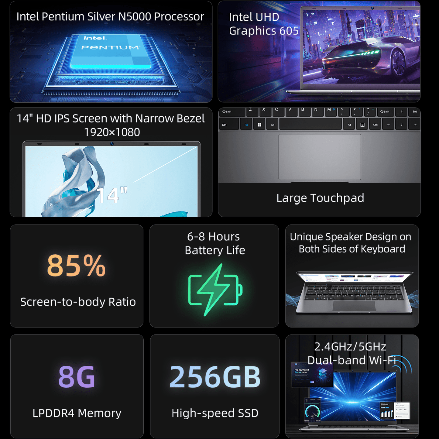 BMAX S14 PRO Notebook / Intel N5000 / 8 GB (LPDDR4) RAM 256 GB SSD / Laptop da 14 pollici 1920*1080 / Windows 11 / Wi-Fi USB+Mini / Batteria da 38 Wh / Peso 1,28 kg / PC portatile