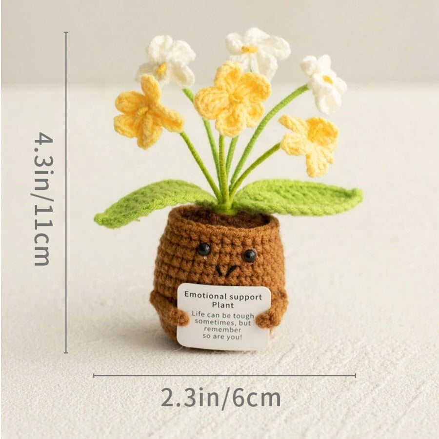 Pianta in vaso ispirante, decorazione floreale lavorata a mano all'uncinetto, pianta in miniatura, nontiscordardime, mughetto, calendula, girasole, biglietto di incoraggiamento caldo fatto a mano