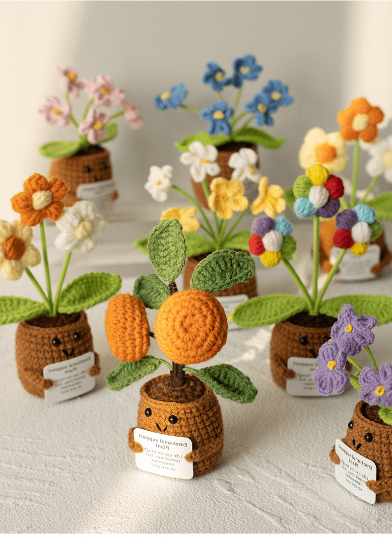 Pianta in vaso ispirante, decorazione floreale lavorata a mano all'uncinetto, pianta in miniatura, nontiscordardime, mughetto, calendula, girasole, biglietto di incoraggiamento caldo fatto a mano