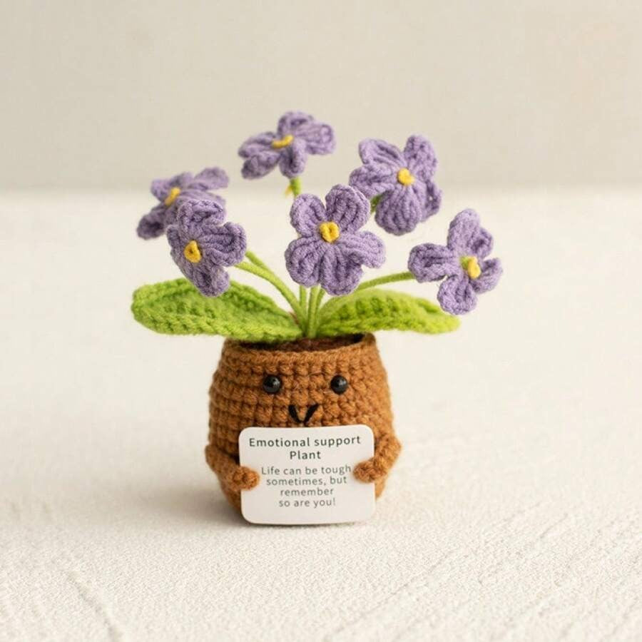 Pianta in vaso ispirante, decorazione floreale lavorata a mano all'uncinetto, pianta in miniatura, nontiscordardime, mughetto, calendula, girasole, biglietto di incoraggiamento caldo fatto a mano