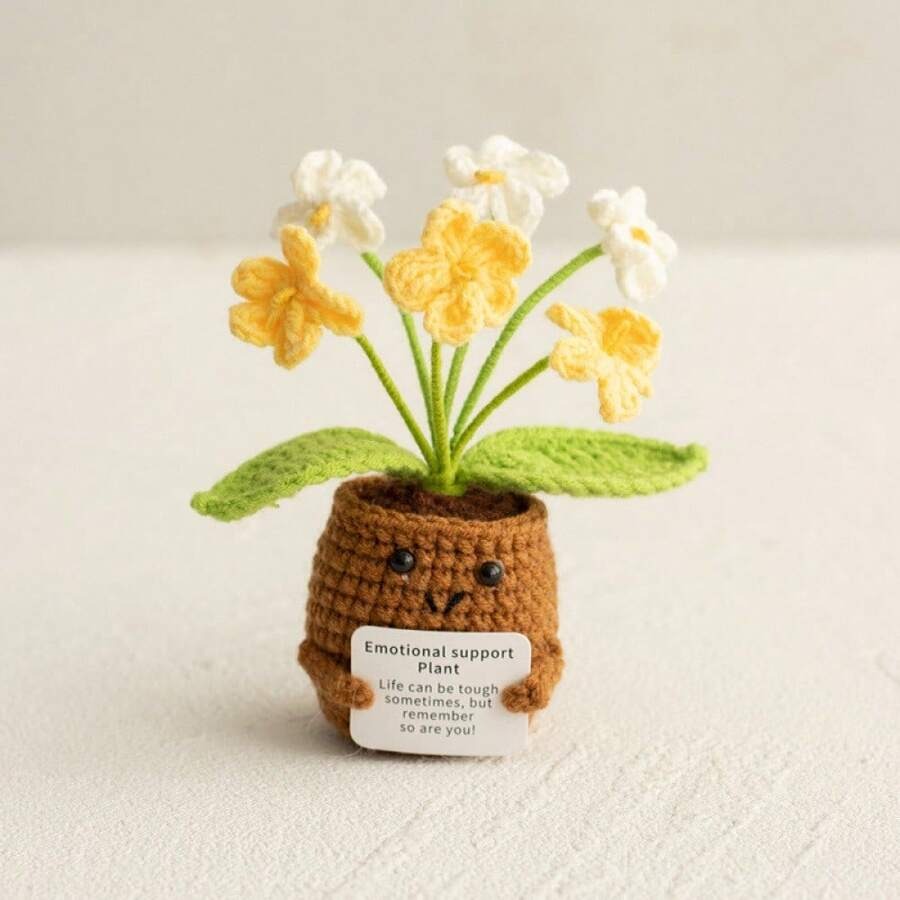 Pianta in vaso ispirante, decorazione floreale lavorata a mano all'uncinetto, pianta in miniatura, nontiscordardime, mughetto, calendula, girasole, biglietto di incoraggiamento caldo fatto a mano