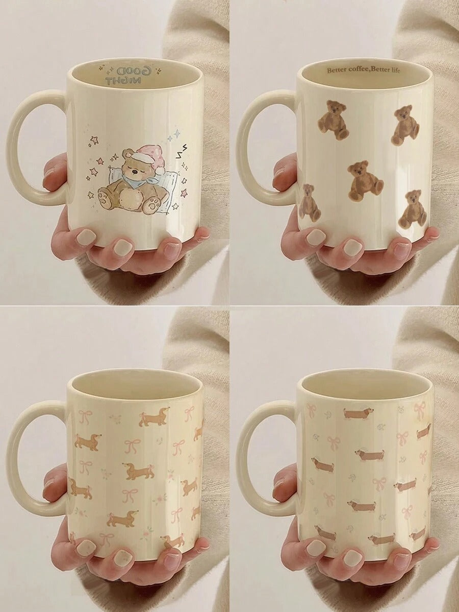 Tazza in ceramica con graziosi disegni di orso, fiocco e fiorellini, tazza da caffè per coppie, tazza in pregiata porcellana per latte, tazza per acqua con design di bassotto