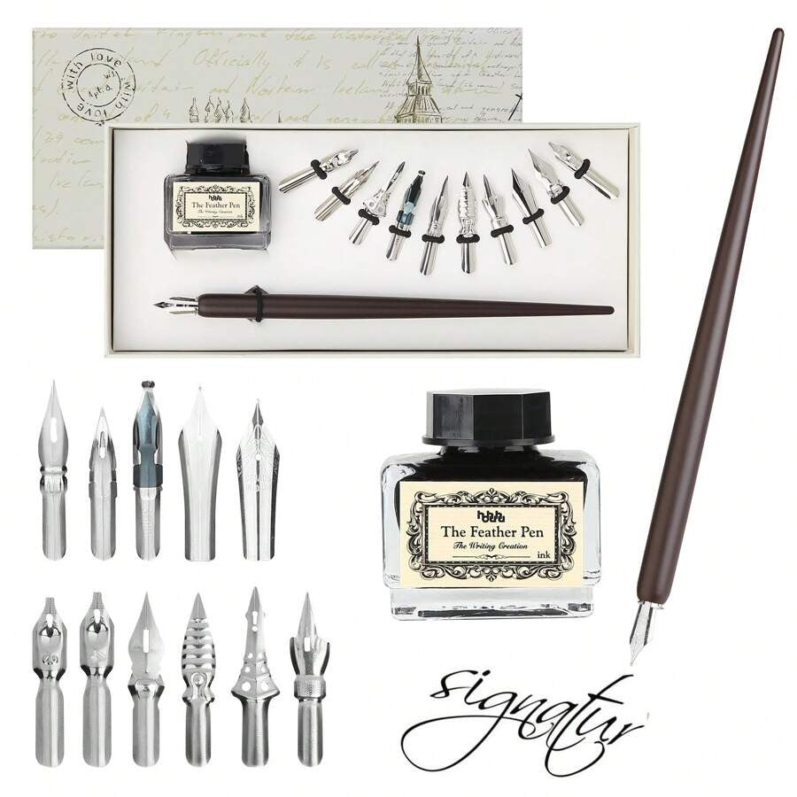 Set Per Calligrafia Per Principianti Set Di Penne E Inchiostri Per Penne D'oca Penne Fantasia Con Inchiostro Nero E 11 Pennini Per Scrivere, Disegnare, Inserire Nel Diario, Firmare, Inviti