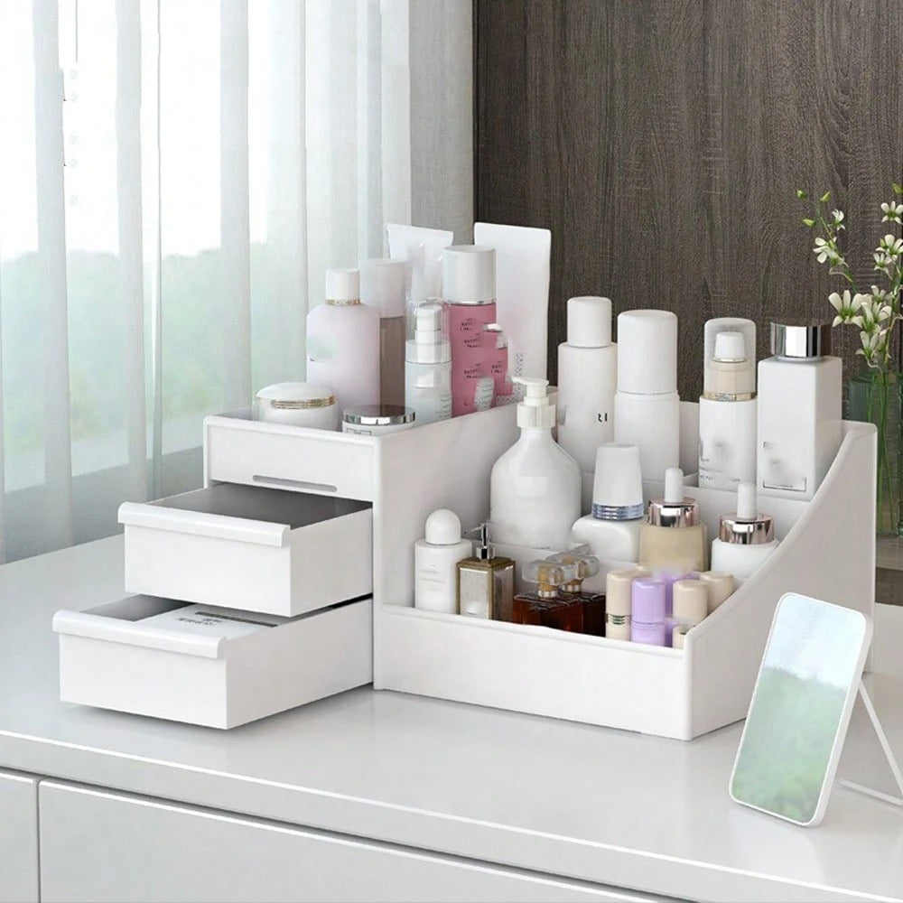 Scatola portaoggetti con 2 cassetti, utilizzabile per organizzare la scrivania, per conservare strumenti di trucco e prodotti per la cura della pelle, nonché per conservare i gioielli, accessori per il tavolino da toeletta, accessori per il bagno
