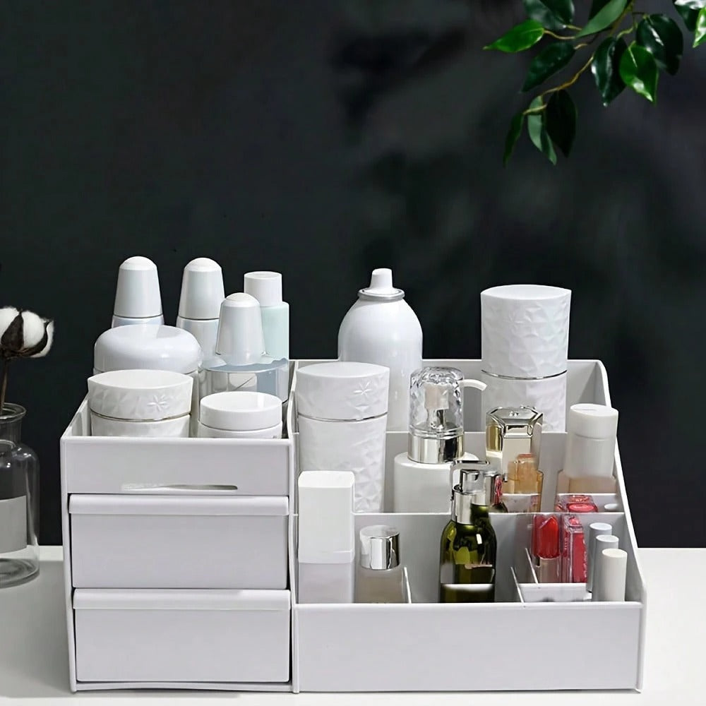 Scatola portaoggetti con 2 cassetti, utilizzabile per organizzare la scrivania, per conservare strumenti di trucco e prodotti per la cura della pelle, nonché per conservare i gioielli, accessori per il tavolino da toeletta, accessori per il bagno
