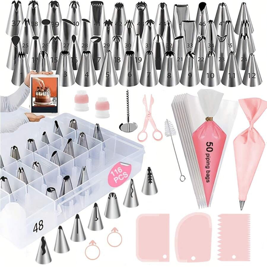 Set da 116 pezzi per decorare torte, include 55 bocchette per sac à poche, 50 sac à poche, 3 spatole per glassa, con scatola di contenimento. Adatto per decorare in modo creativo torte, biscotti.