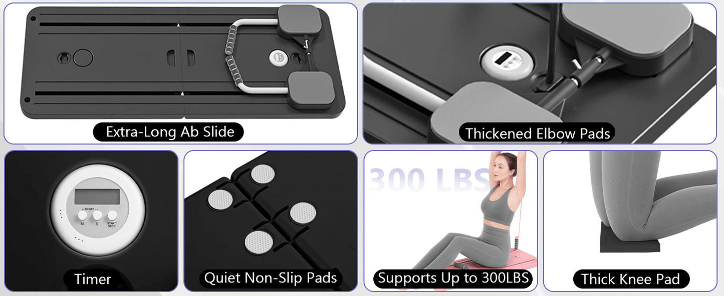 Tavola scorrevole multifunzionale pieghevole Pilates ZM Health, set di formazione Pilates 5-in-1, tappetino scorrevole su erba, rullo per addominali, per esercizi per il core, fitness