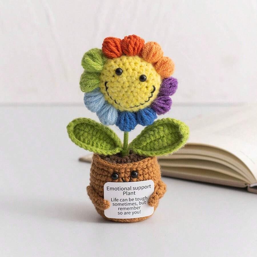 Pianta in vaso ispirante, decorazione floreale lavorata a mano all'uncinetto, pianta in miniatura, nontiscordardime, mughetto, calendula, girasole, biglietto di incoraggiamento caldo fatto a mano