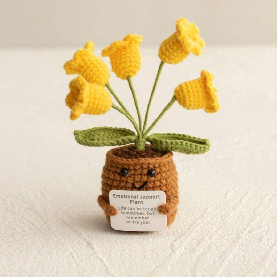 Pianta in vaso ispirante, decorazione floreale lavorata a mano all'uncinetto, pianta in miniatura, nontiscordardime, mughetto, calendula, girasole, biglietto di incoraggiamento caldo fatto a mano