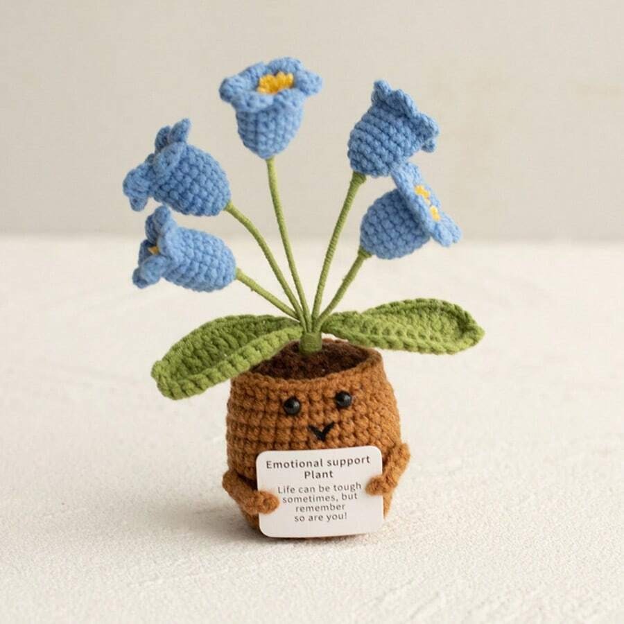 Pianta in vaso ispirante, decorazione floreale lavorata a mano all'uncinetto, pianta in miniatura, nontiscordardime, mughetto, calendula, girasole, biglietto di incoraggiamento caldo fatto a mano