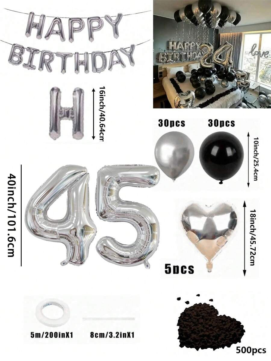 Set di 580 palloncini per ghirlanda da compleanno, colori nero e argento, palloncini in foil numeri oversize da 40", petali di rosa neri, adatto per feste di compleanno di uomini e donne